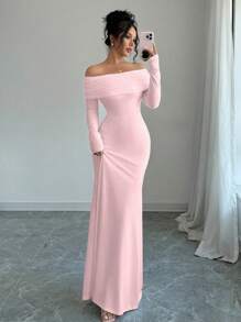 Rafferiza Sexy Elegant Fitted Long Sleeve Cinched Waist Double Layer Off-Shoulder Backless Twist Fishtail Hem Ribbed Knit Dress, White, Autumn/Winter Maxi Women Outfit