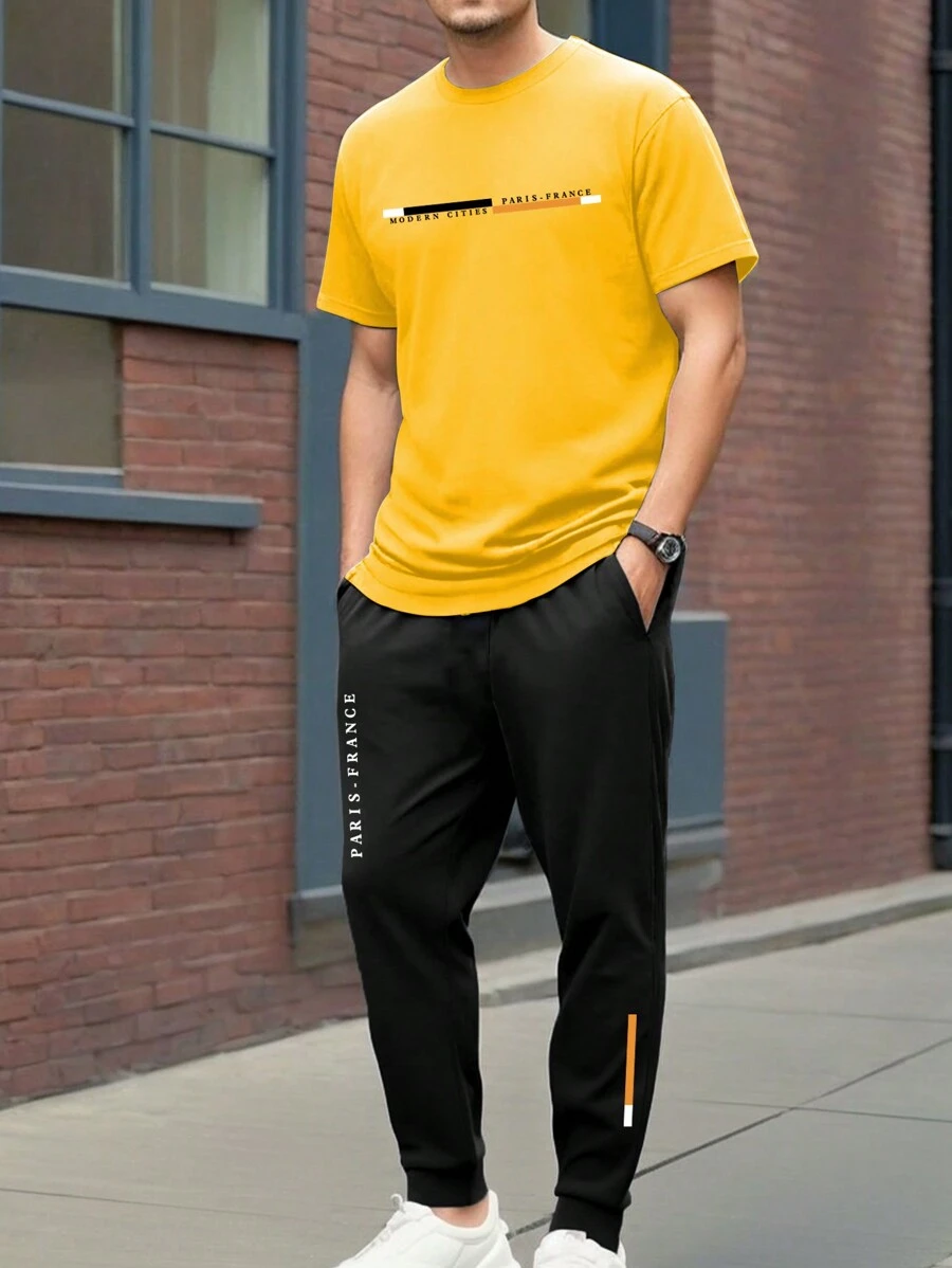 Manfinity Homme 男士圆领短袖简约上衣和长裤休闲西装 - 黃色 - 查看 1