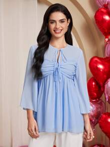 Chiquease Camisa casual de mujer con cuello de lazo y fruncido - Azul - Ver 4