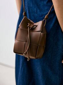 Mini Casual Woven Texture Drawstring Design Crossbody Bag - Coffee Brown - View 3