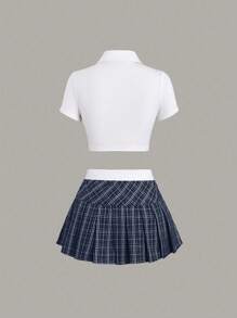 Sweetra 2pcs/Set: Solid Color Polo Collar Crop Top & Plaid Print Pleated Skirt Y2K Outfit  - Multicolor - View 2