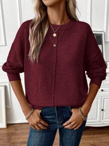 EMERY ROSE 女士休闲落肩针织套头衫秋冬毛衣 - 酒紅色 - 查看 5