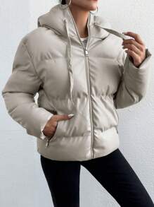 SHEIN Cottnline Women's Drawstring Hooded Padded Coat Jacket - Beige - View 5