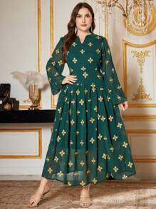 Modelyn Plus Size Women Floral Print V Neck Long Sleeve Dress - Dark Green - View 3