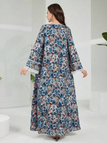 Al Najma 女式拼色喇叭袖 V 领连衣裙，带蕾丝花边，适合秋冬季，波西米亚风格阿拉伯连衣裙，适合日常休闲 - 水鴨藍 - 查看 3