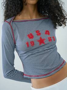 Easelle 女士纯色拼布长袖条纹休闲衬衫，日常穿着