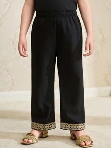 SHEIN Young Girl Black Straight Long Trousers With Woven Tape Trim, Suitable For School, Home Activities Or Outings With Friends - Black - View 3