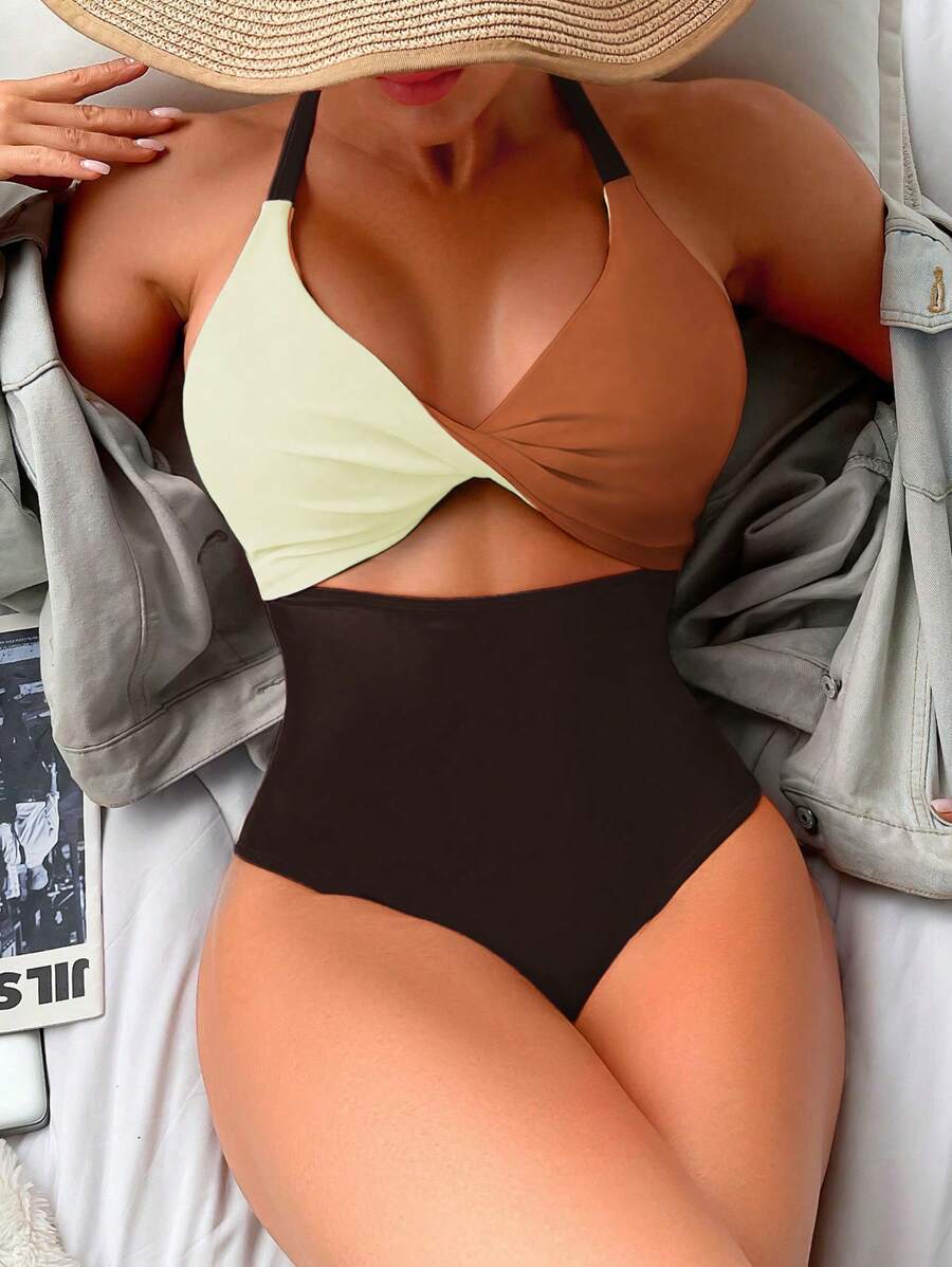 SHEIN Swim Bộ đồ bơi một mảnh hở lưng gợi cảm phối màu cho kỳ nghỉ ở bãi biển dành cho nữ - Nhiều màu - Xem 1