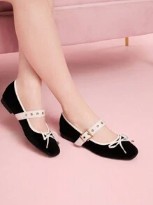 CUCCOO DOLLMOD Round Toe Suede Patchwork Metal Buckle Bow Ballet Flat Soft-Soled Loafers For Women Spring Shoes Spring Break Easter - Black and White - View 1
