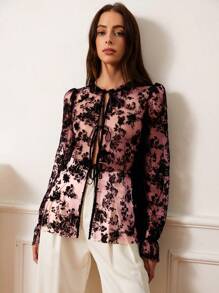 Aveloria Rosie 时尚性感植绒网眼系带衬衫波西米亚风度假时尚风格，适合春秋季节 - 彩色 - 查看 1