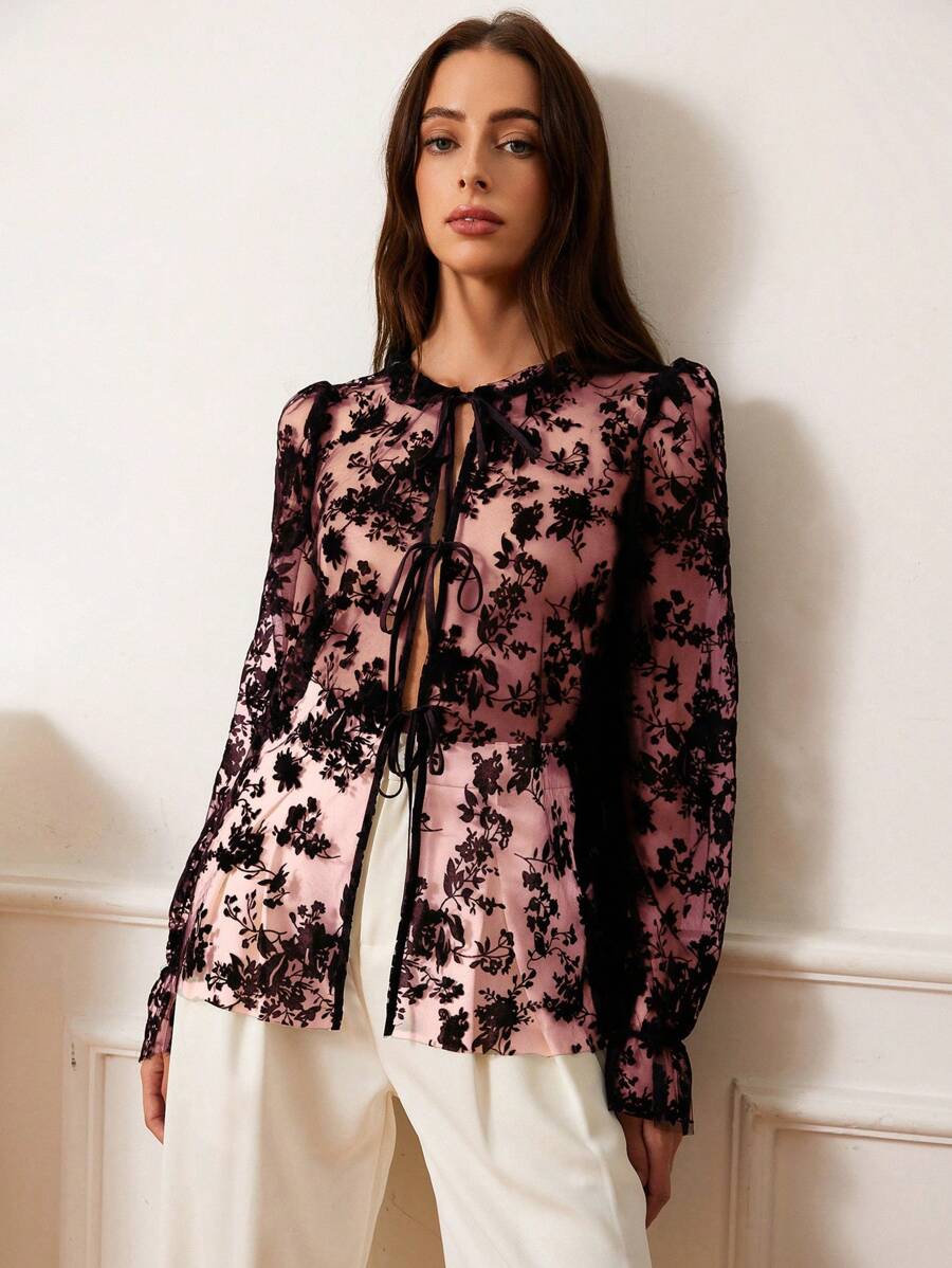 Aveloria Rosie 时尚性感植绒网眼系带衬衫波西米亚风度假时尚风格，适合春秋季节 - 彩色 - 查看 1