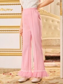 SHEIN Tween Girls Pink Mesh Patchwork Flare Leg Pants - Pink - View 5