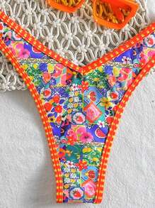 Swim Vcay Springbreak Women Halter Spaghetti Strap Top + High Cut Swimwear 2pcs/Set, Random Print Beach Wear Summer Outfits - Multicolor - View 4