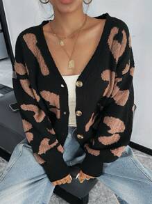 SHEIN EZwear Loose Fit V-Neck Black & Leopard Print Long Sleeve Knitted Cardigan Sweater, Suitable For Autumn/Winter - Multicolor - View 6