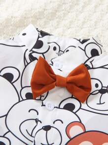 1pc Baby Boy Cartoon Bear Colorful Allover Print Collared Button-Front Short Sleeve , Casual Comfortable Holiday & Street Wear, Bowknot Outfit,Newborn Baby Clothing, Baby Clothes, Baby Bodysuit, Newborn Baby Bodysuit,0M-18M,Summer - White - View 3