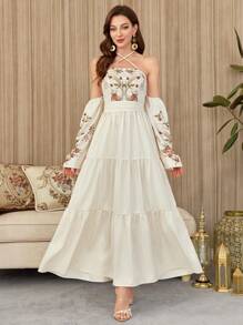 Modelyn Women's Long Crossed Straps Kuwait Pattern Waist A-Line Elegant Romantic Vacation Dress - White - View 5