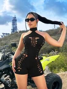 SHEIN SXY Mono ajustado negro con diseño calado y espalda al descubierto, ropa de playa de vanguardia - Negro - Ver 2