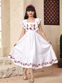 SHEIN Tween Girls Fusion Print Cap Sleeve Square Neck A-Line Midi Casual Dress - White - View 7