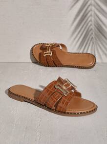 SHUZIA Women's Fashionable Open Toe Brown Slip On Sandals With Gold Embellishments Mother's Day Present Valentine's Day - Brown - View 4