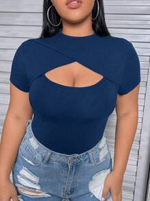 SHEIN EZwear 加大码圆领前开襟紧身胸衣黑色 T 恤 - 藏蓝色 - 查看 1