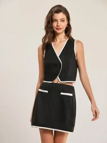 SHEIN Unity 2pcs Set Fashionable Minimalist Contrast Color Vest + Low-Waist Contrast Color Mini Skirt, Street Style American Aesthetic - Black - View 3