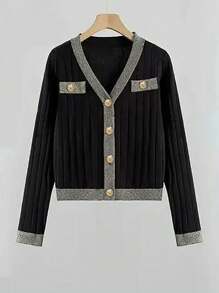 Plus Size Plain Color Splicing Front Button Long Sleeve Pocket Casual Blouse Fall Cloth For Women - Black - View 1