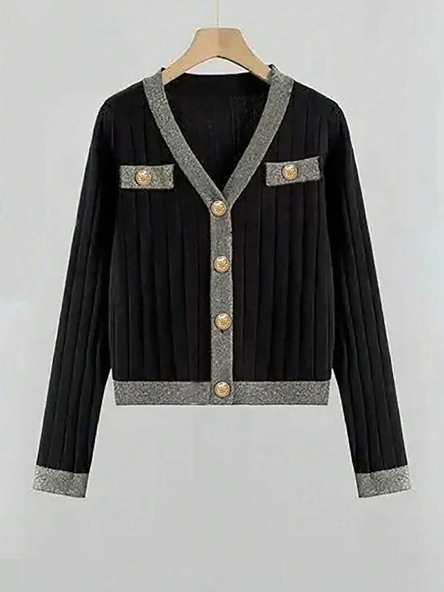 Plus Size Plain Color Splicing Front Button Long Sleeve Pocket Casual Blouse Fall Cloth For Women - Black - View 1