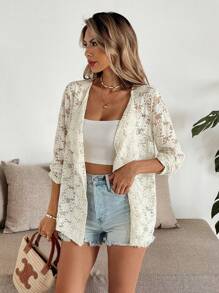 Chiquease Women 3/4 Sleeve Open Front Floral Jacquard Knit Cardigan - Apricot - View 5
