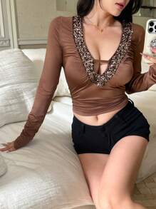 Damska modna seksowna cekinowa dekoracyjna koszulka z długim rękawem - Brązowy - Zobacz 1