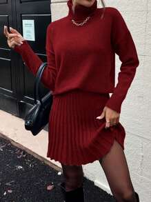 EMERY ROSE 2pcs/Set Women Solid Color Turtleneck Sweater And Pleated Skirt Sets, Casual For Autumn/Winter Fall Cloth For Women - Red - View 5