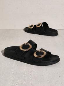 SHUZIA 女士双扣金色装饰软鞋垫 PU 黑色拖鞋凉鞋 - 时尚、舒适、百搭的春季鞋 - 黑色 - 查看 6