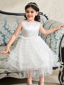 SHEIN Vestido elegante sin mangas de cuello redondo con parches de malla de unicolor para niña joven - Beis - Ver 8