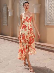 Chiquease Elegant Pale Yellow Floral Chiffon Sleeveless Asymmetrical Hem Waist Cinched Long Dress For Women,Summer Holiday Tea Party Vacation All Over Print - Multicolor - View 1