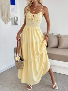 Breezaya 女士休闲优雅纯色连衣裙，简约时尚，适合日常穿着 - 黃色 - 查看 3
