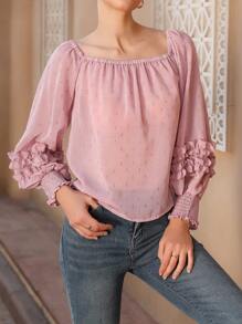 GENKIRA Pink Valentine's Day Romantic Elegant Off Shoulder Gold Fiber Textured Fabric Puff Sleeve Ruffle Hem Long Sleeve Chiffon Blouse Fall Cloth For Women - Pink - View 6