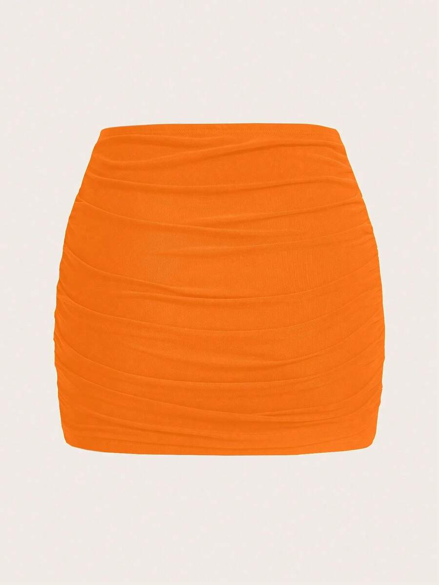 SHEIN EZwear 女士加大码橙色针织褶皱高腰半身裙 - 橘色 - 查看 1