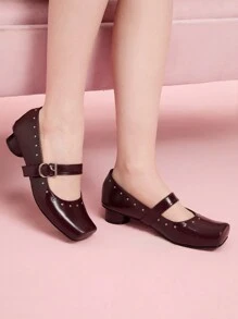 CUCCOO DOLLMOD Tacones altos con puntera cuadrada para mujer, tacones cilíndricos con tira cruzada, estilo clásico retro de Mary Jane - Burdeos - Ver 3