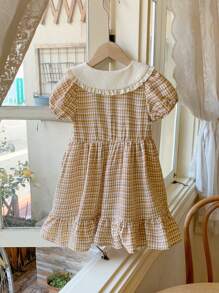 Blossori Gaun Kasual Longgar Motif Kotak-kotak Khaki untuk Anak Perempuan, dengan Kerah Lebar, Gaya Prancis Elegan untuk Musim Semi/Panas - MultiWarna - View 2