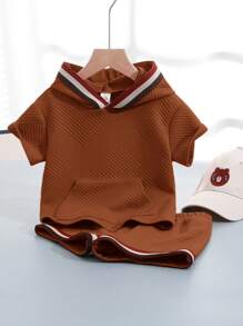 SHEIN Leap Crew 2pcs Baby Boy Casual Comfy Knitted Fabric Textured Splice Hoodie Top And Elastic Waist Shorts Set - Brown - View 8