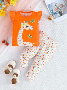 SHEIN 2pcs Baby Girls Cute Giraffe & Ditsy Floral Sleeveless Top With Pants Set, Summer