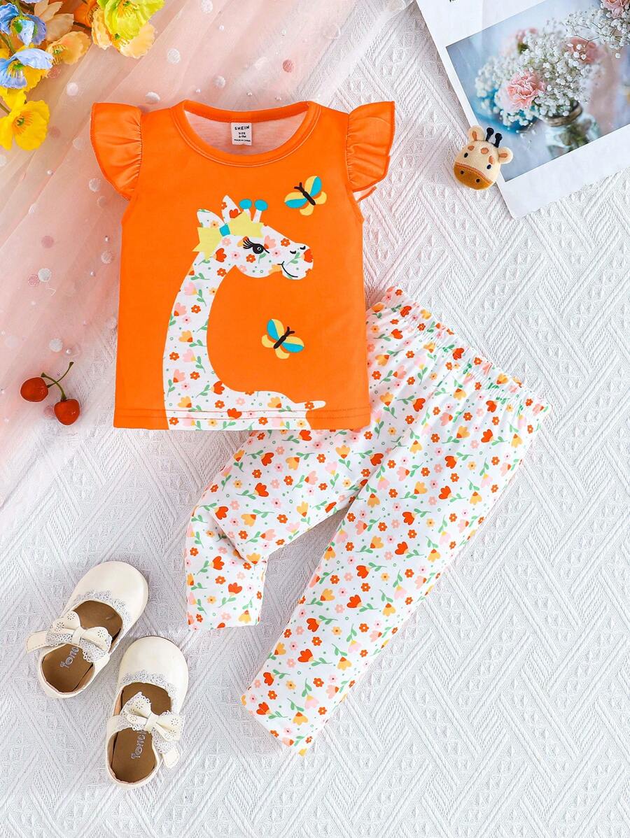 SHEIN 2pcs Baby Girls Cute Giraffe & Ditsy Floral Sleeveless Top With Pants Set, Summer