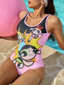 THE POWERPUFF GIRLS X SHEIN 1pc Women's Blossom, Bubbles, Buttercup Print One-Piece Swimsuit, Summer Vacation - Pink - View 1