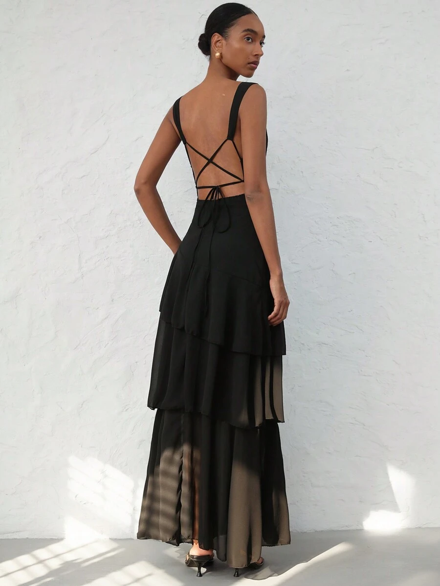 Aveloria Modichic Đầm không tay cổ chữ V sâu, eo nhún, viền bất đối xứng, dáng xòe, phong cách Pháp thanh lịch, thích hợp đi làm và nghỉ dưỡng cho nữ - màu đen - Xem 1