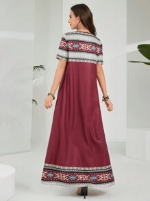 Lacomfia Spring/Summer Round Neck Loose Printed Casual Dress - Red - View 4