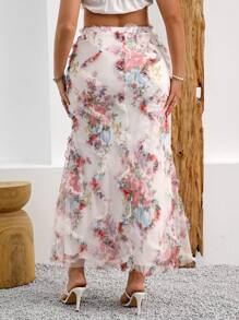 INAWLY Plus Size Summer Elegant Floral Print Mesh Mermaid Skirt