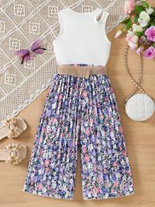 SHEIN 1set Young Girl Solid Color Sleeveless Simple Casual Top And Long Pants Set