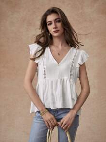 Écloséra Elegant V-Neck Ruffle Sleeveless Blouse, Spring And Summer - White - View 3