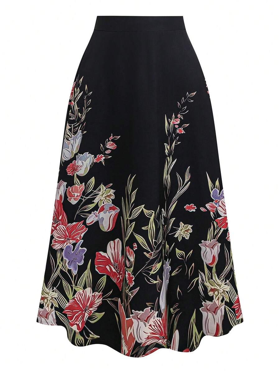 SHEIN Clasi Plus Size Elegant Floral Print A-Line Skirt - Black - View 1