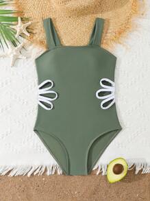 SHEIN Tween Girl 花卉镂空休闲吊带连体泳衣