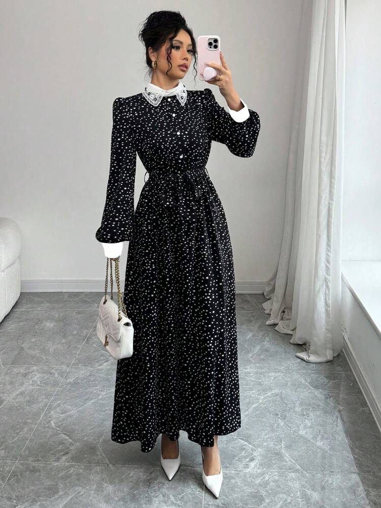 Modelyn Women's Woven Contrast Color Cinched Waist A-Line Jacquard Collar  Spring/Summer Dress Fall Cloth For Women | SHEIN USA